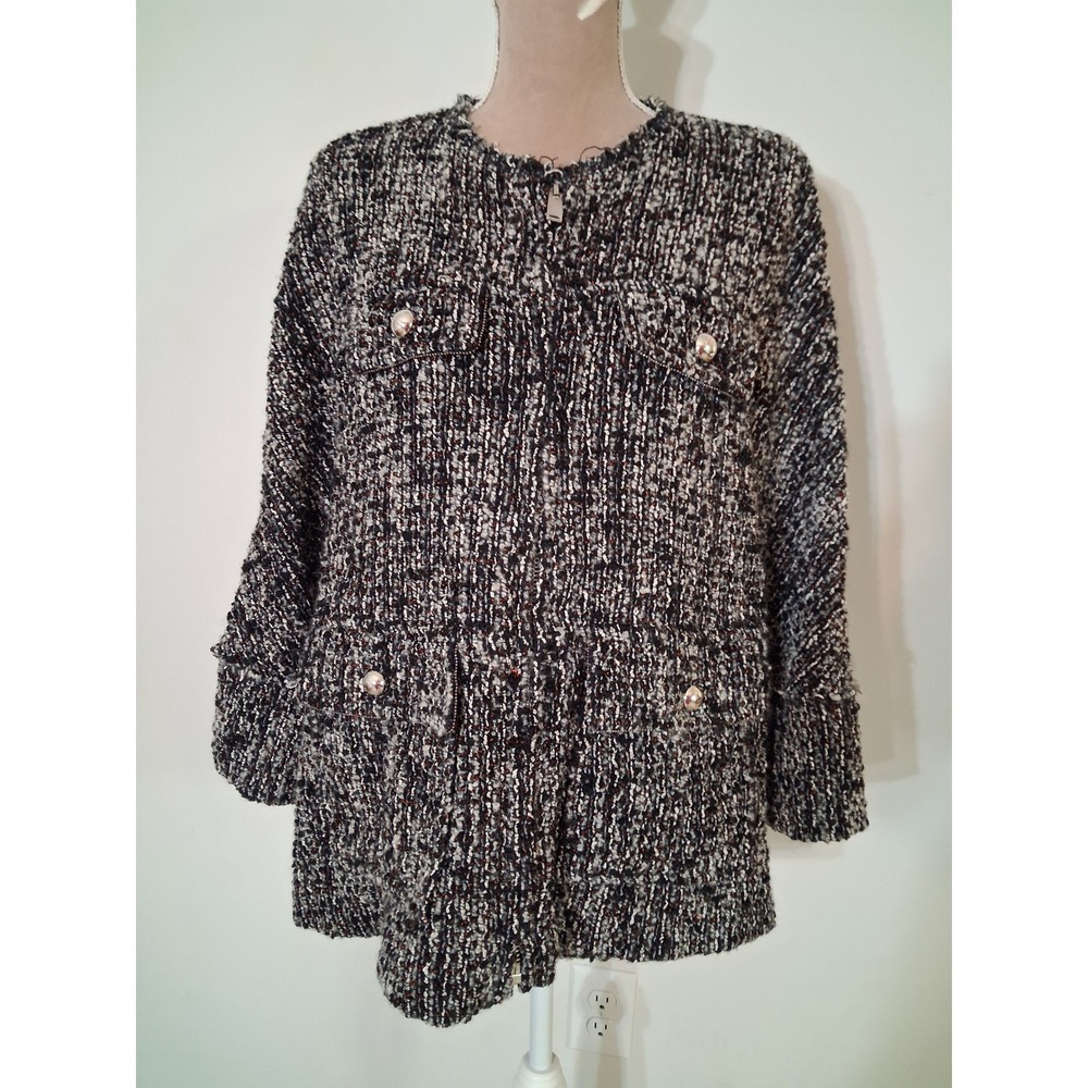 Zara Woman Black White Tweed Wool Alpaca Blend Zip Front Longline Jacket Large